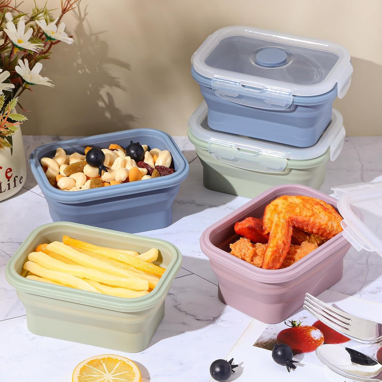 Mifoci 6 Pcs Silicone Containers for Food Collapsible Food Storage Containers with Airtight Lids Stacking Leftover Foods Storage Lunch Box for Freezer Microwave Dishwasher Safe(Morandi,18.6 oz)