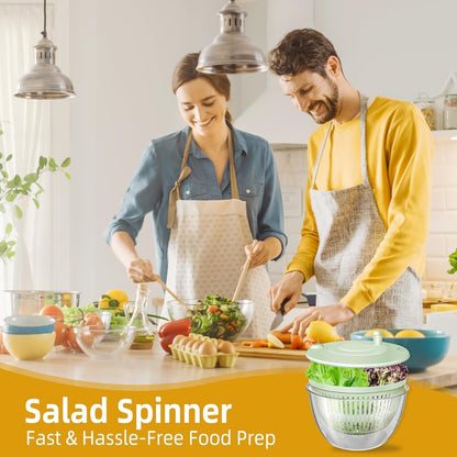 Large Capacity Multi-Function Salad Spinner with Quick Stop Button, Salad Spinner Stainless Steel, Salad Spinner Large, with 5 Blade Slicer Egg Yolk Strainer Shredder (Green)