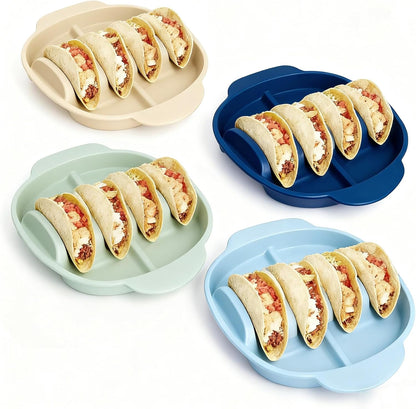 Silicone Taco Holders Set of 2, Reusable Taco Plates with 4-Shell Slots, Tacos Rack Holder Stands with Handle for Tortillas Party Serving, Family Dinner & Meal Prep Accessories(Dark Blue + White)