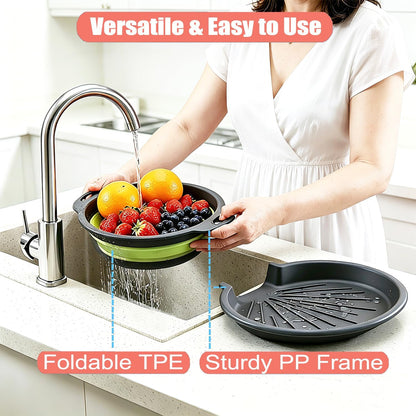 Collapsible Colanders Food Strainers, 3-Pack Foldable Kitchen Strainers with Over-Sink Water Draining Tray, Space Saving Kitchen Drainer for Vegetables, Fruit, Pasta and Rice (White-Gray)