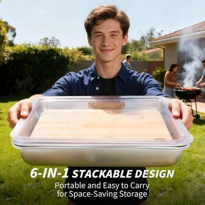 Grilling Prep and Serve Trays, Stainless Steel Large Capacity Food Prep Tray, Grill Carry System, Marinade Container with Lid and Cutting Board, BBQ Grill Accessories, Grilling Gifts for Men