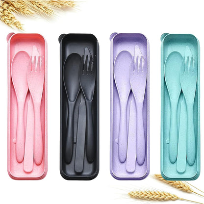 Reusable Travel Utensils Set with Case, 2 Sets Wheat Straw Portable Knife Fork Spoons Camping Cutlery for Lunch Box, Eco-Friendly BPA Free Plastic Tableware for Kids Adults Work Picnic (Purple+Pink)