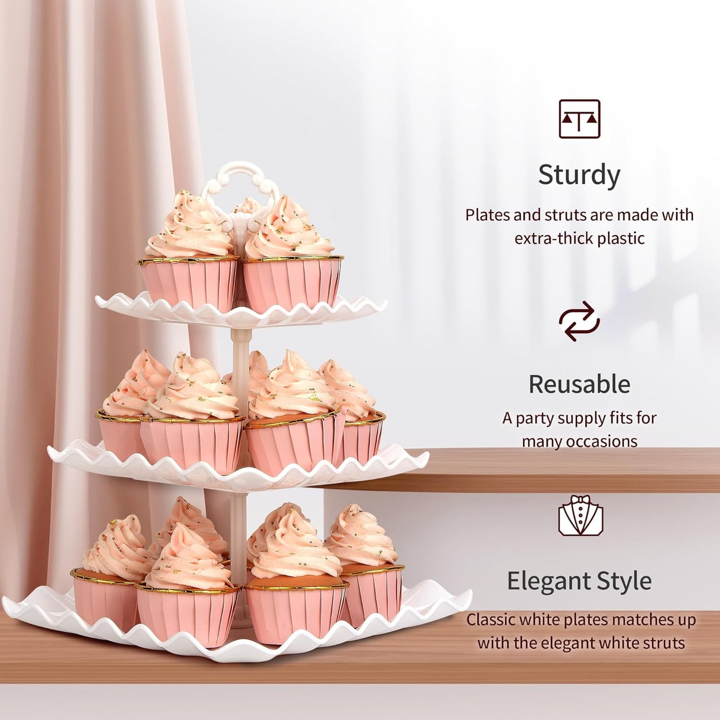 NWK 5 Piece Cake Stand Set with 2 x Large 3-Tier Cupcake Stands, 3 x Appetizer Trays, for Wedding Birthday Baby Shower Tea Party Decorations (Pink)