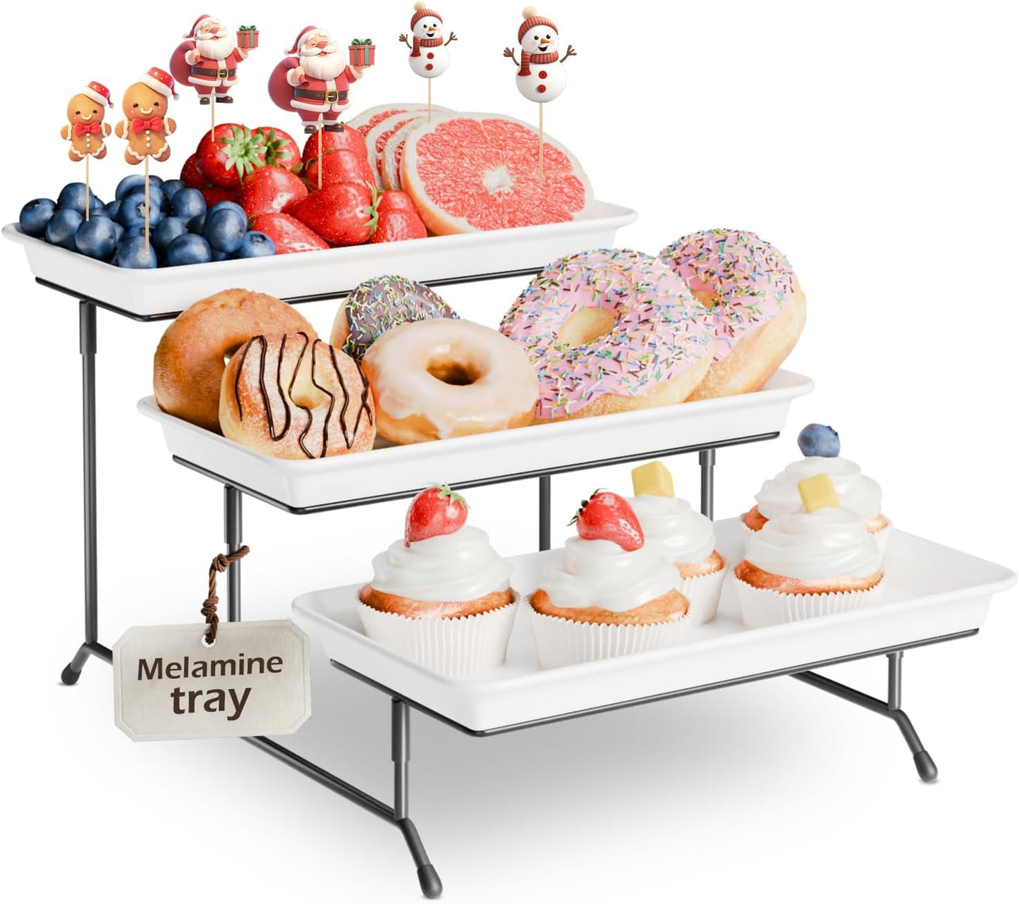 3-Tier Melamine Serving Tray Set, 11.5" x 5.6" Platters for Serving Food, Black Reusable Trays with Black Metal Display Stand for Cupcakes, Sevring Food, Dessert, Fruit, Cookie, Gold