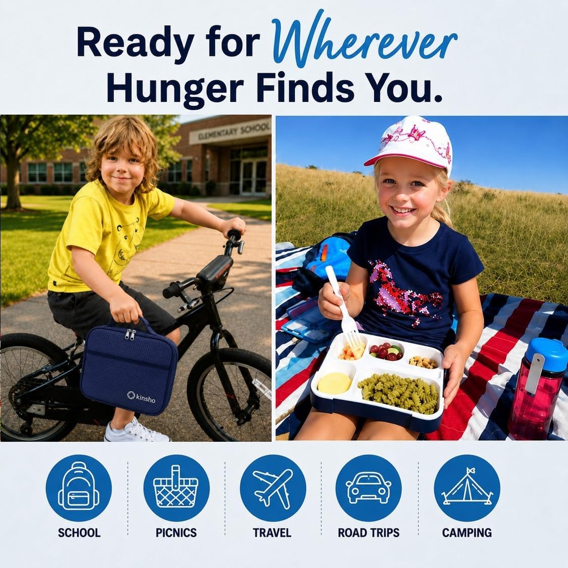 kinsho Lunch Box for Kids Boys Girls - Bento Box Set with Insulated Bag and Ice Pack, 6 Compartment Leak Proof Food Container, BPA-Free, Microwave Safe, Ideal for School & Work, Teal