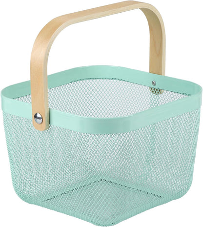 Coloful Metal Mesh Wire Basket with Foldable Wooden Handle,Bin Garden Fruit Vegetable Storage Hanging Harvest Holder for Kitchen Bathroom Picnic (Yellowish Green, Cuboid-15.7 x 9.5 x 7.2“)
