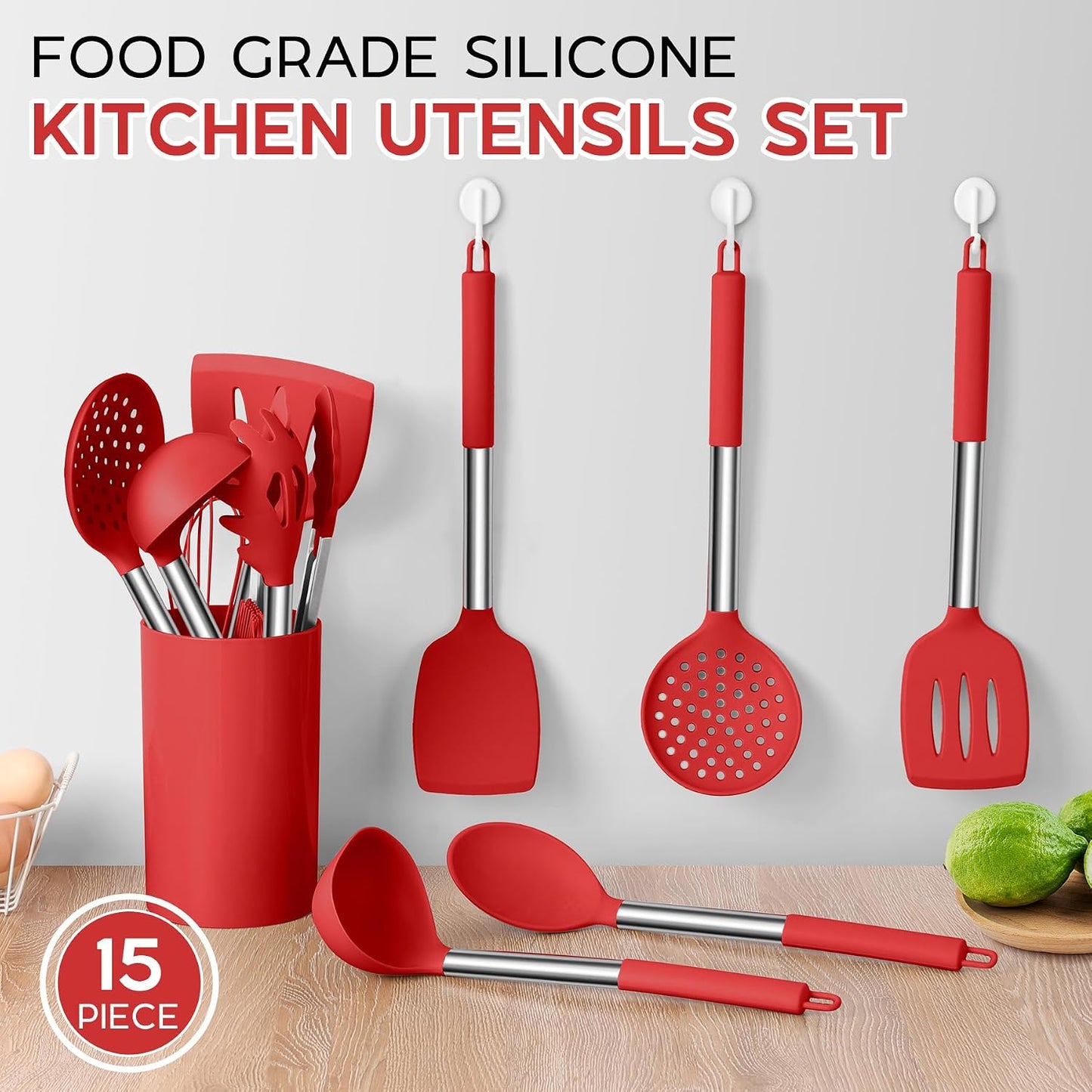 Onader Kitchen Utensils Set, 15 Pcs Silicone Cooking Utensils Set with Holder and Heat Resistant Stainless Steel Handle for Nonstick Cookware - Black