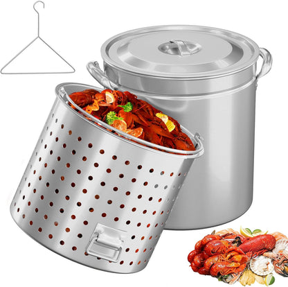 Bonnlo 30QT Aluminum Stock Pot for Boiling Seafood, Crawfish & Crab, Frying Turkey & Steaming Tamales, Large Boil Pot with Strainer Basket, Lid, Lifting Hook & Steamer Rack for Outdoor Cooking