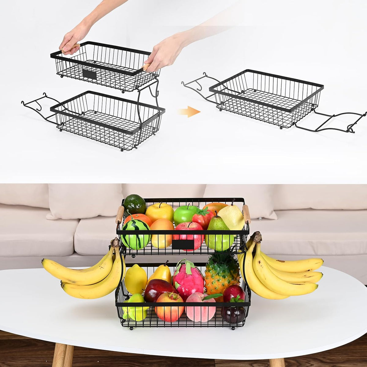 Fruit Basket Bowl 2 Tier Detachable with 2 Banana Hangers, Fruit Stand Holder for Kitchen Countertop, Metal Wire Vegetable Storage Organizer, for Bread Snack Veggies Produce, Black