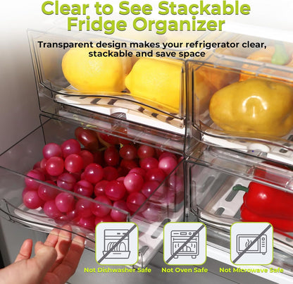 4Pack Fridge Organizer, Stackable Refrigerator Organizer Bins, Reusable Food Storage Containers, BPA-Free with Drain Tray for Bathroom, Kitchen, Refrigerator, Pantry (4 Drawers, Large, Medium)