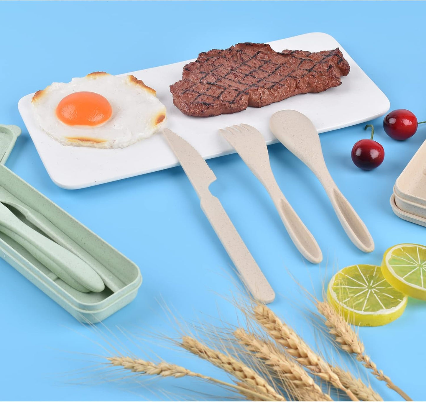 Lnrkai Travel Utensils Set with Case, 4 Sets Wheat Straw Reusable Spoon Knife Forks Tableware, Portable Cutlery Set for Lunch Box Accessories for Adults Travel Picnic Camping or Daily Use