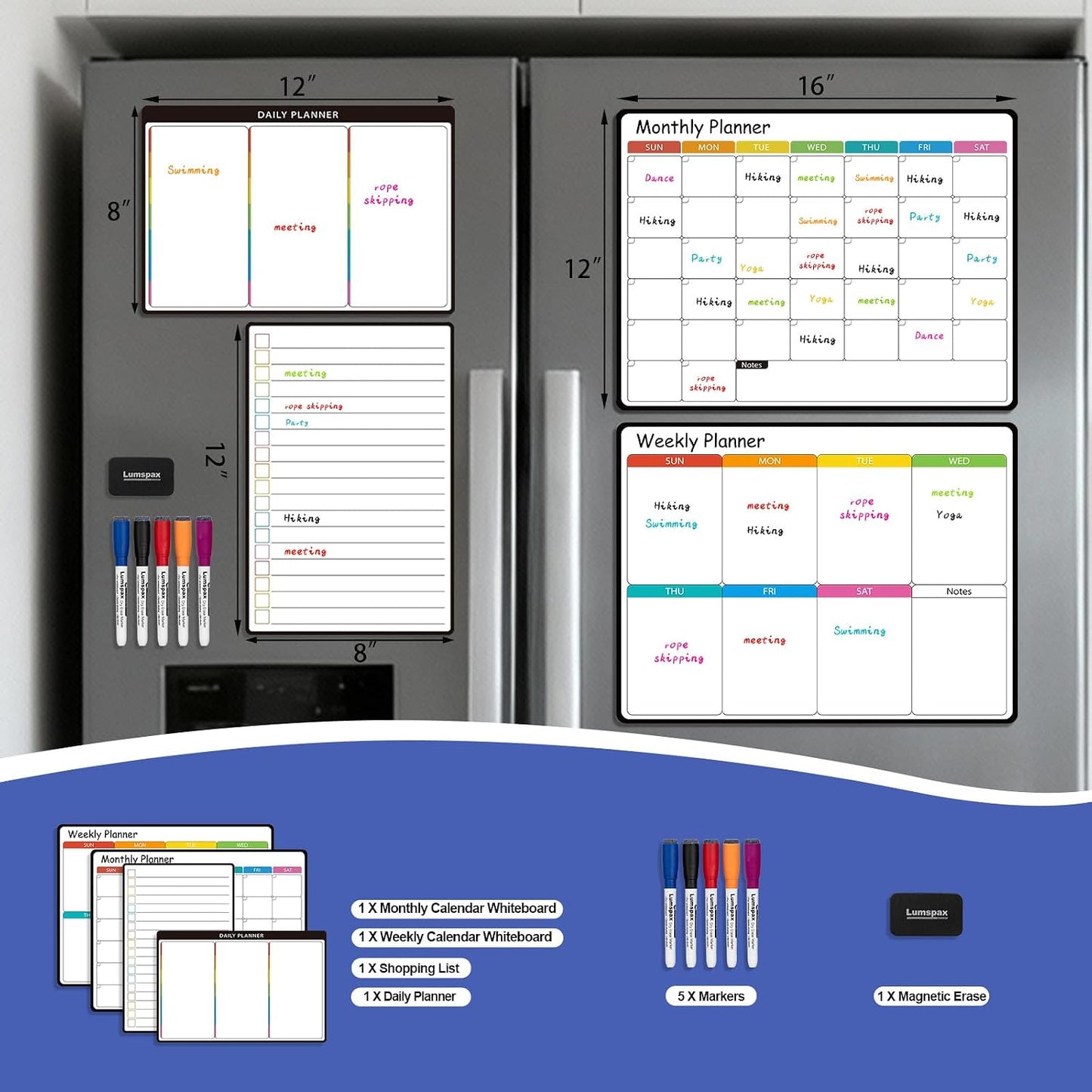 4 Pack Magnetic Dry Erase Calendar Whiteboard Set for Fridge, 6" x 12" Monthly & Weekly Whiteboard, 12" x 8" Blank & Lined to-Do List Planner Boards for Refrigerator, Family Schedule