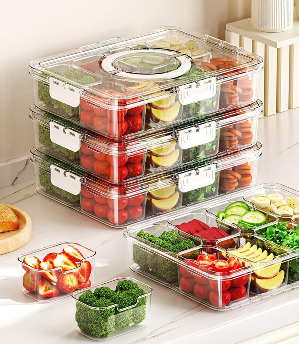 2 Pack Snackle Box Containers, 8 Compartments Divided Serving Tray with Lids & Handles, Portable Snack Storage for Veggies, Fruits, Charcuterie, Candy – BPA-Free, Leak-Proof (8 Sections Each)