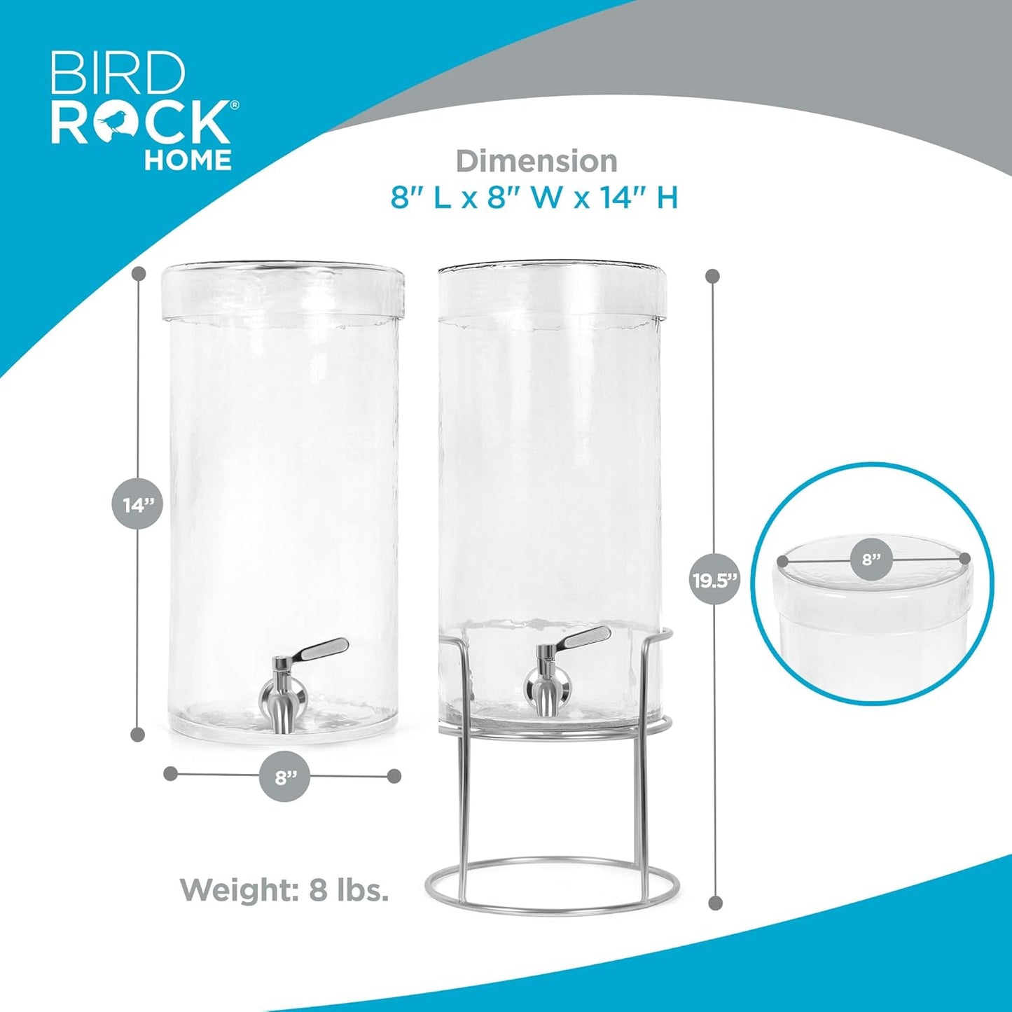 BIRDROCK HOME Beverage Dispenser with Stand & Stainless Steel Spigot - Hammered Glass Drink Dispenser for Parties Home & Events - Ideal for Serving Tea, Lemonade, Juice, Sangria, Cocktail - 1.5 Gallon