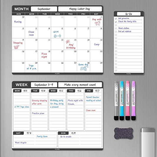 ALEZEL Magnetic Dry Erase Refrigerator Calendar, Dry Erase Calendar White Board Set for Fridge - Magnetic Monthly & Weekly Planner with List Board, 4 Markers + Eraser