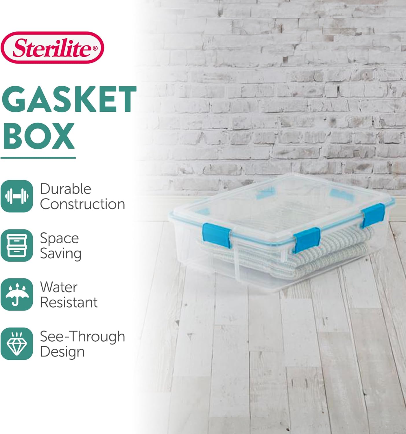 Sterilite 80 Qt Gasket Box, Stackable Storage Bin with Latching Lid and Tight Seal, Plastic Container to Organize Basement, Clear Base and Lid, 1-Pack
