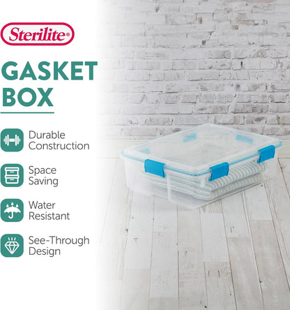 Sterilite 80 Qt Gasket Box, Stackable Storage Bin with Latching Lid and Tight Seal, Plastic Container to Organize Basement, Clear Base and Lid, 1-Pack