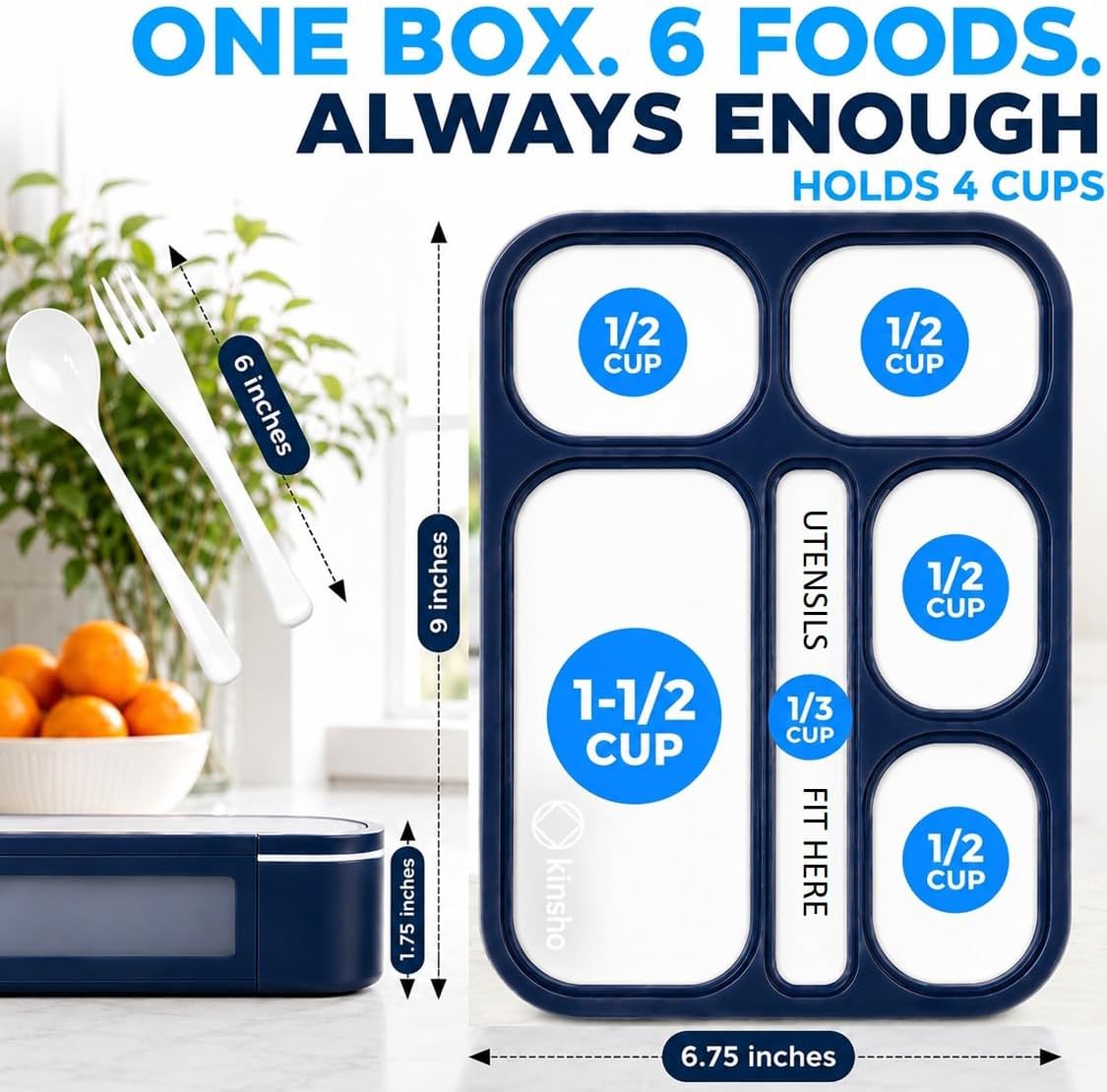 kinsho Lunch Box for Kids Boys Girls - Bento Box Set with Insulated Bag and Ice Pack, 6 Compartment Leak Proof Food Container, BPA-Free, Microwave Safe, Ideal for School & Work, Teal