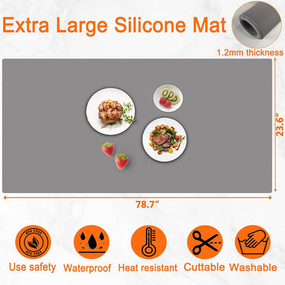 72''x16'' Extra Large Silicone Mat for Kitchen Counter, Heat Resistant Countertop Protector, Non-Slip Waterproof Kitchen Island Mat, Easy to Clean, Light Gray