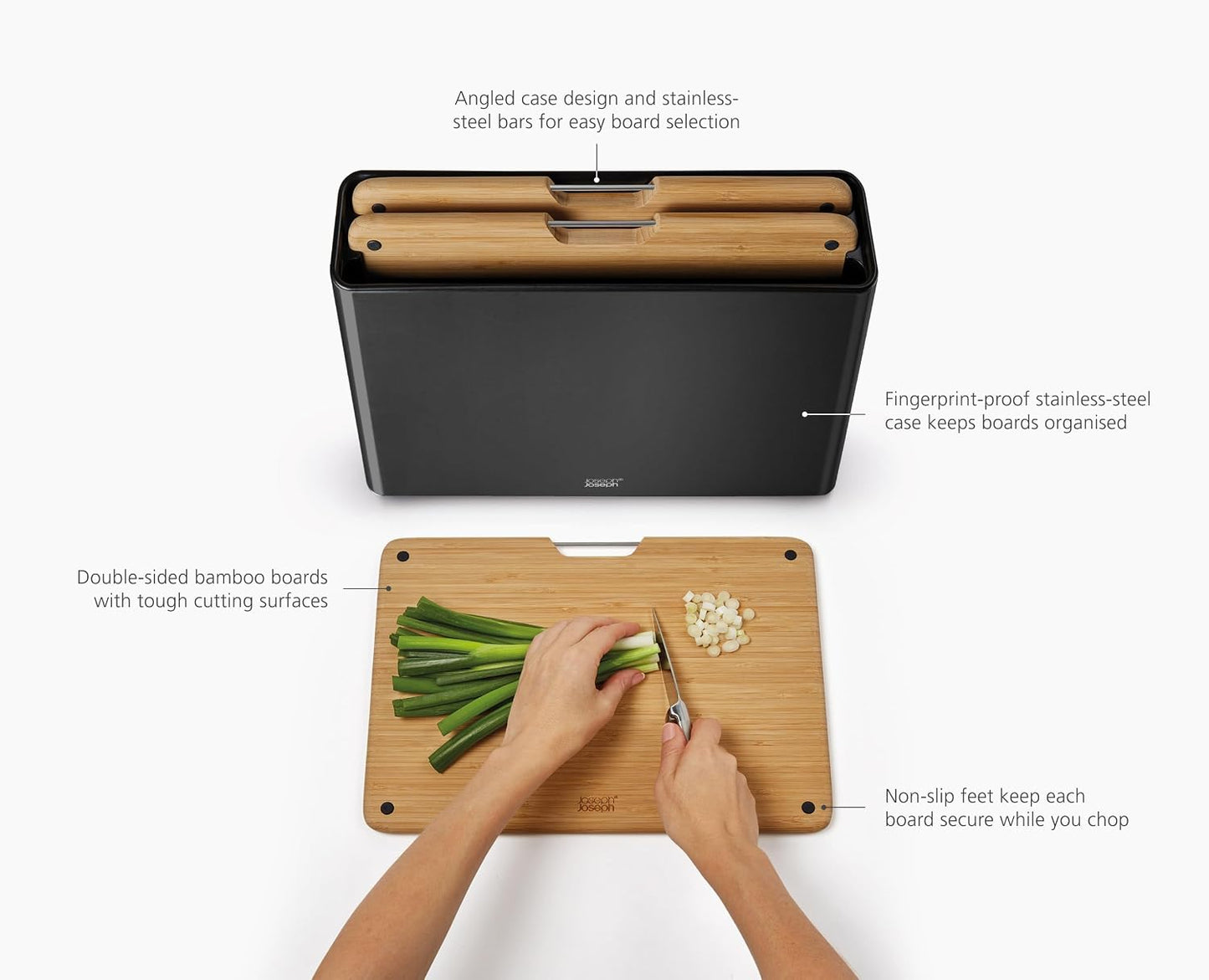 Joseph Joseph Folio 4-Piece Colour coded Cutting Board Set, Stainless Steel Slimline case for organized Kitchen storage, Black