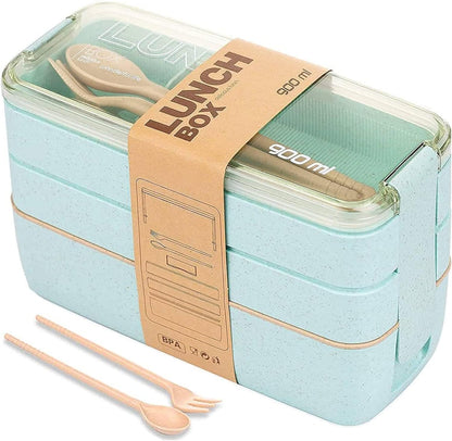 Rarapop 3 Pack Stackable Bento Box Adult Japanese Lunch Box Kit with Spoon & Fork, 3-In-1 Compartment Wheat Straw Meal Prep Containers (Green/Pink/Beige)