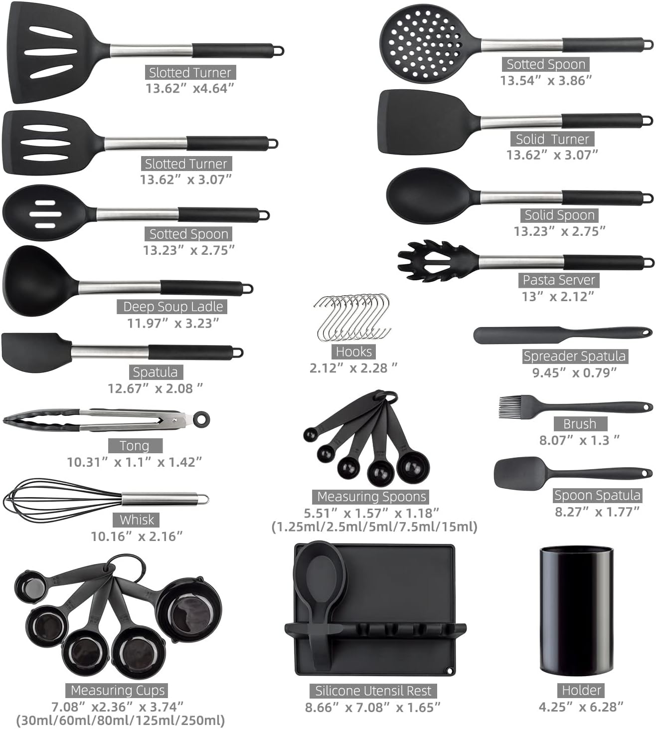 Silicone Kitchen Utinsels Sets Heat Resistant Kitchen Utensils Set, Stainless Silicone Utensils Set for Nonstick Cookware, BPA Free, Dishwasher Safe