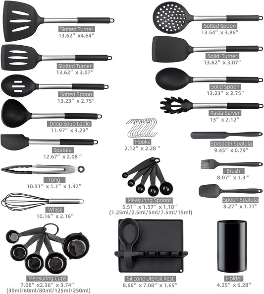 Silicone Kitchen Utinsels Sets Heat Resistant Kitchen Utensils Set, Stainless Silicone Utensils Set for Nonstick Cookware, BPA Free, Dishwasher Safe