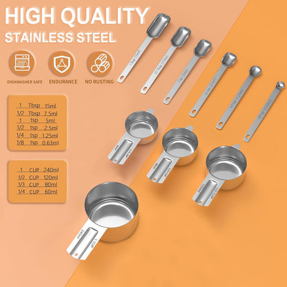 Magnetic Measuring Cups and Spoons Set, 5 Nesting Stainless Steel Measuring Cup Set with Easy to Read Markings, 7 Magnetic Measuring Spoons & 1 Leveler for Measuring Dry or Liquid Ingredients