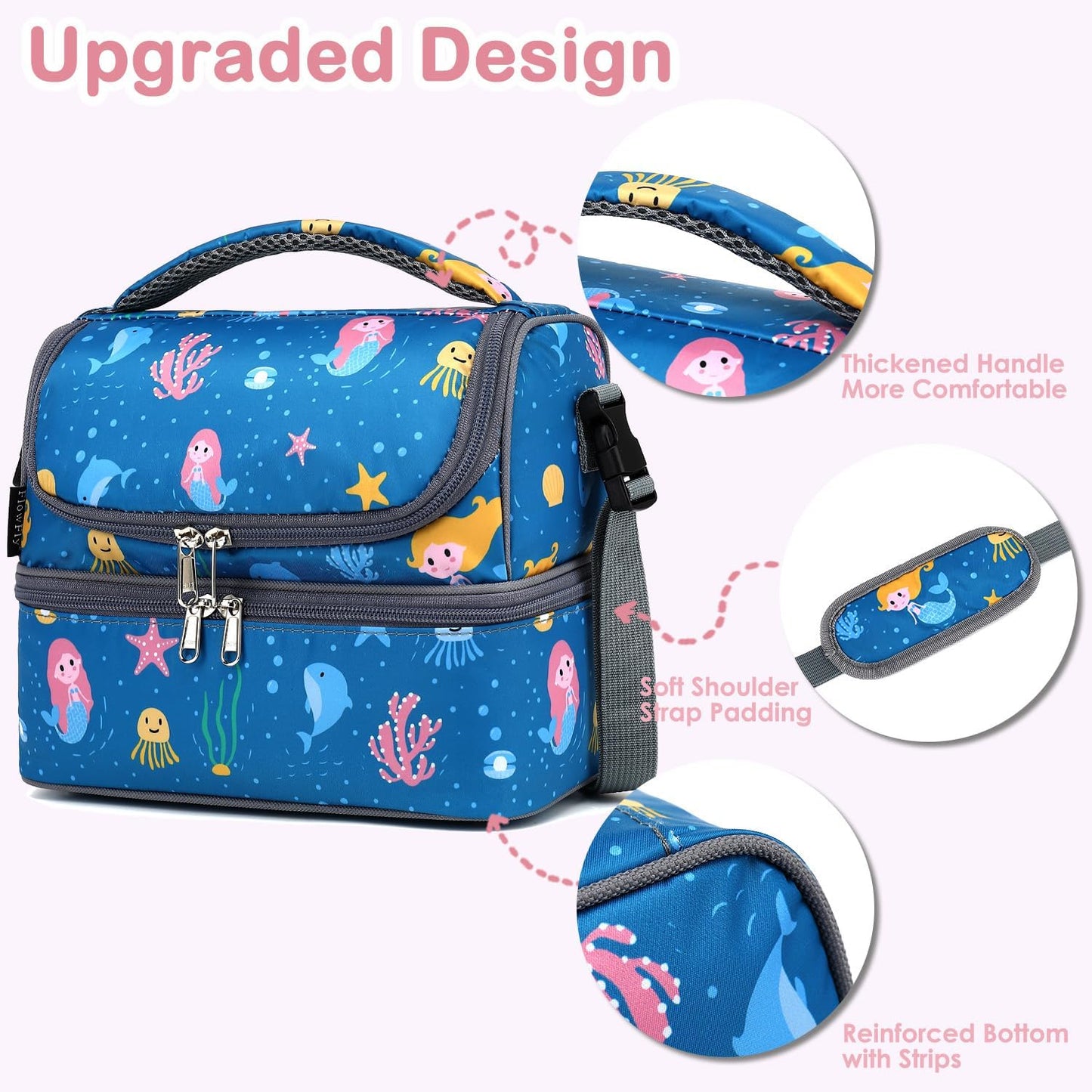 FlowFly Kids Double Decker Cooler Insulated Lunch Bag Large Tote for Boys, Girls, Men, Women, With Adjustable Strap, Unicorn