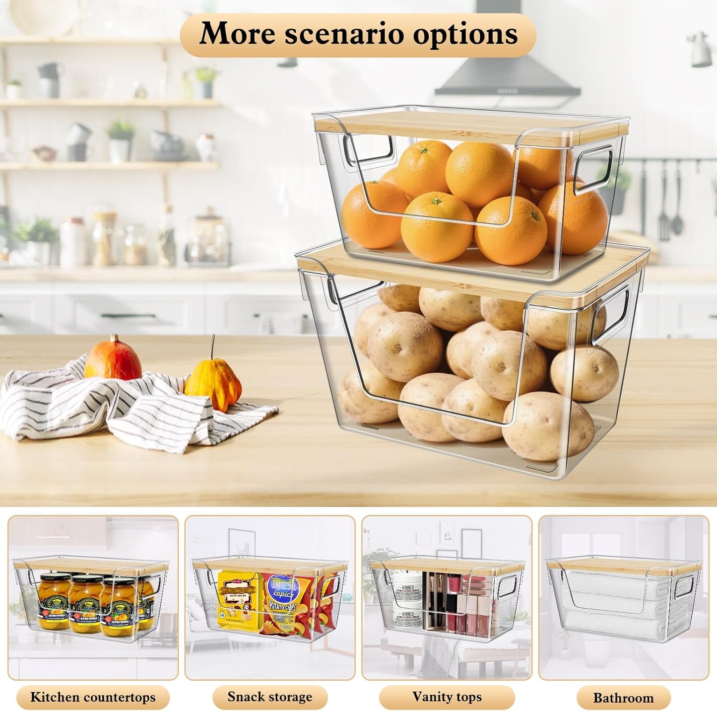 4 Set Stackable Storage Plastic Container with Removable Bamboo Cover | Kitchen Organizers Clear Front Open More Easy Access Bins Storage for Pantry, Potato, Onion, Garlic, Fruits, Vegetable