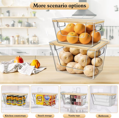 4 Set Stackable Storage Plastic Container with Removable Bamboo Cover | Kitchen Organizers Clear Front Open More Easy Access Bins Storage for Pantry, Potato, Onion, Garlic, Fruits, Vegetable