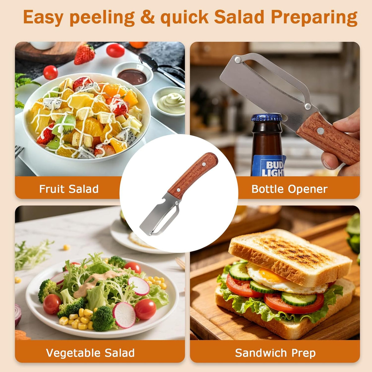 3 PCS Peeler with Wooden Handle, Bottle Opener, Vegetable Fruit Skin Peeling, Stainless Steel Blade Kitchen Tool