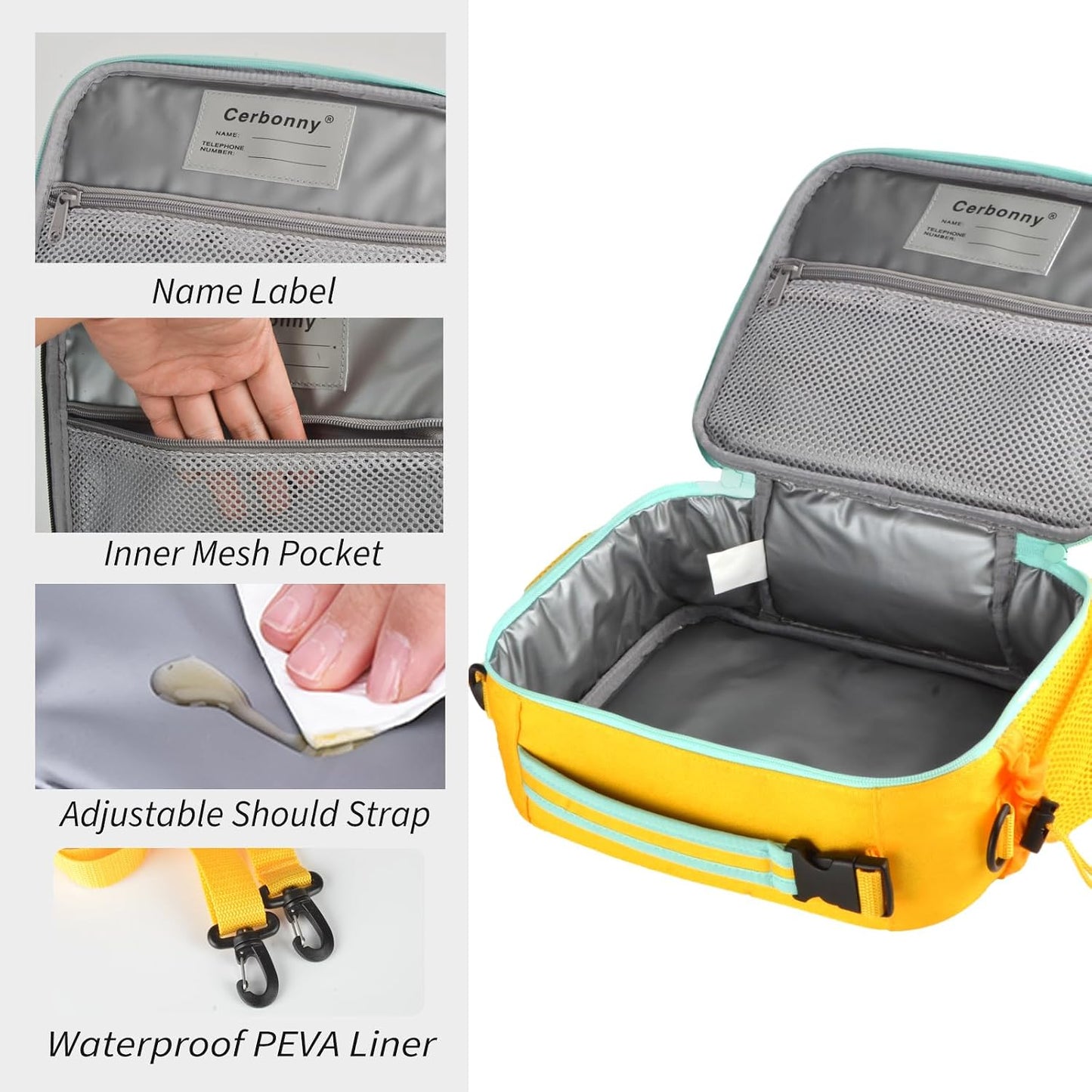 Cerbonny Kids Lunch Box, Insulated Lunch Bag for Girls and Boys, Durable Polyester with PEVA Lining, Adjustable Shoulder Strap, 10.8"L x 4"W x 8.8"H, 5 Pockets