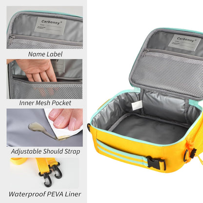 Cerbonny Kids Lunch Box, Insulated Lunch Bag for Girls and Boys, Durable Polyester with PEVA Lining, Adjustable Shoulder Strap, 10.8"L x 4"W x 8.8"H, 5 Pockets