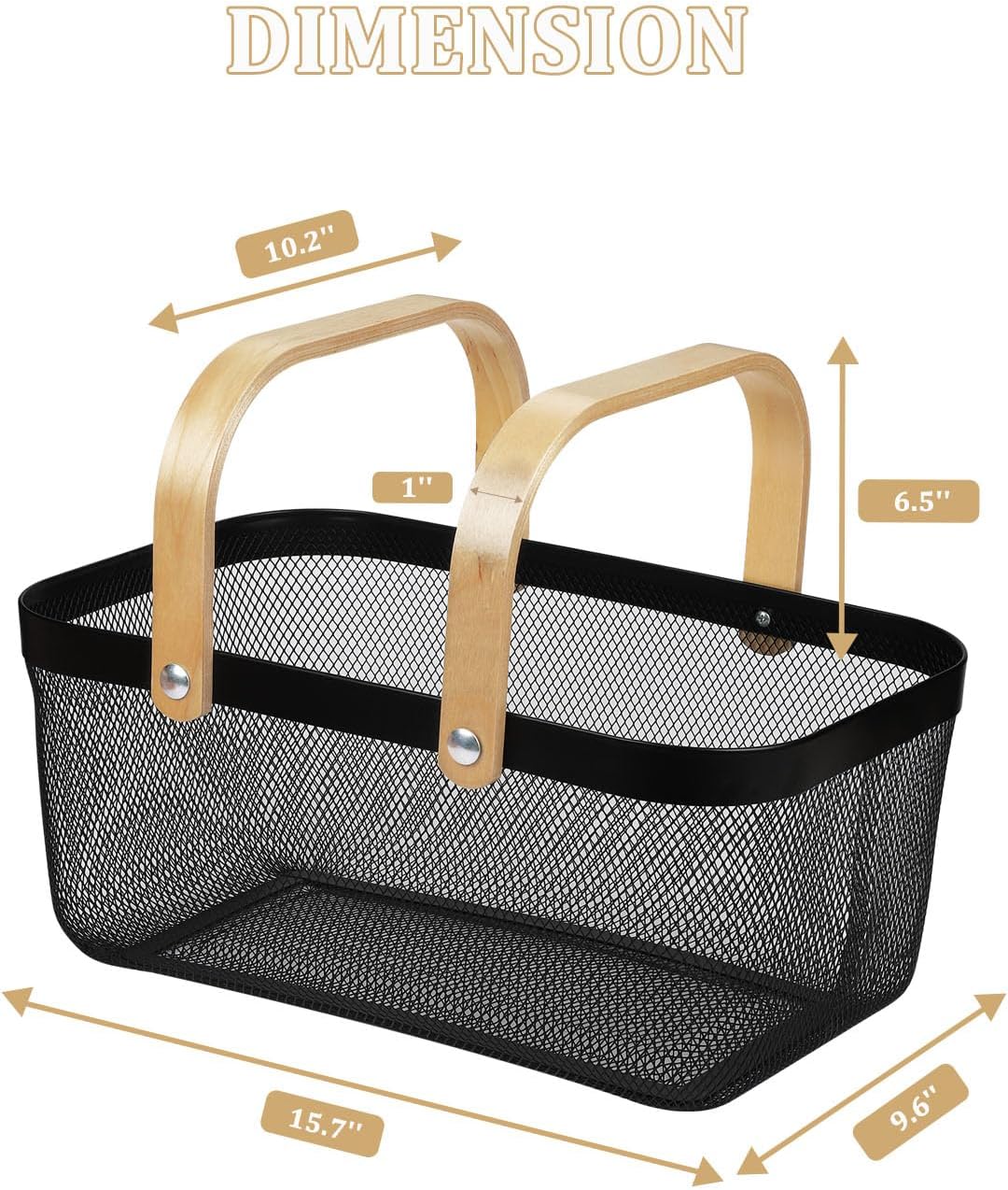 IBWell Square Metal Wire Woven Fruit Storage Bowl Basket with Wooden Handle, Large Black Mesh Fruit Stand, Multi-function Hanging Kitchen Baskets (White, Normal)