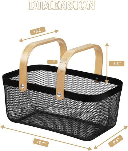 IBWell Square Metal Wire Woven Fruit Storage Bowl Basket with Wooden Handle, Large Black Mesh Fruit Stand, Multi-function Hanging Kitchen Baskets (White, Normal)