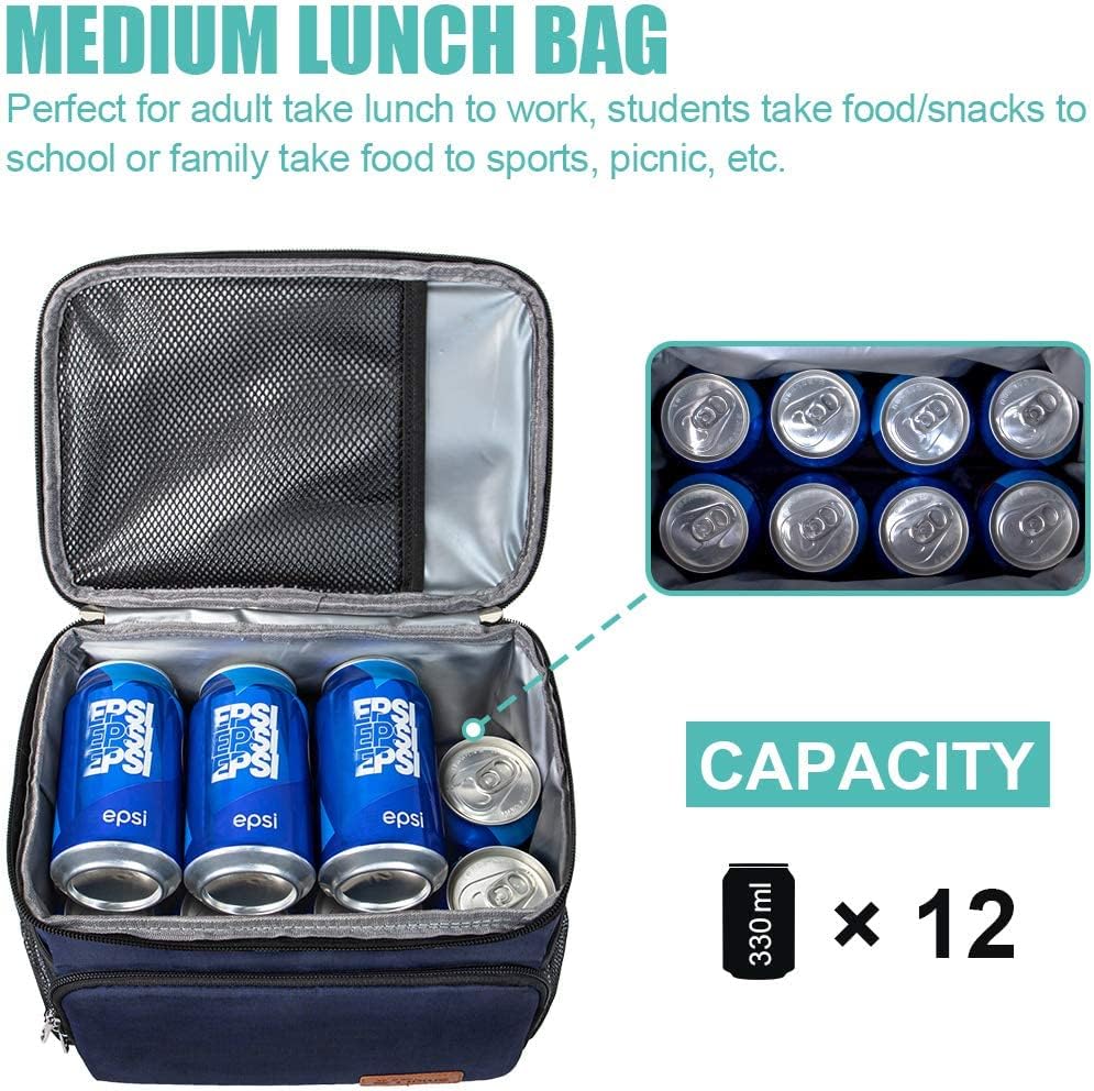 Tiblue Insulated Lunch Bag for Women/Men, Reusable Lunch Box for Office Work School Picnic,Leakproof Freezable Cooler Bag with Adjustable Shoulder Strap for Kid/Adult(Medium, Black & White Stripes)