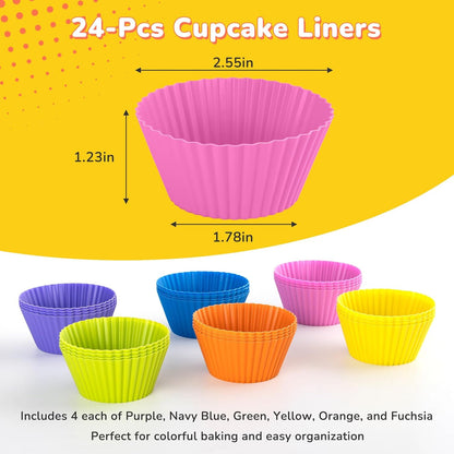 24 Pack Silicone Cupcake Liners for Baking, Multi-color Reusable Silicone Baking Cups, Non-Stick and Flexible Muffin Liners, Easy to Clean, for Cupcake, Muffins and Party Treats (6 Colors)