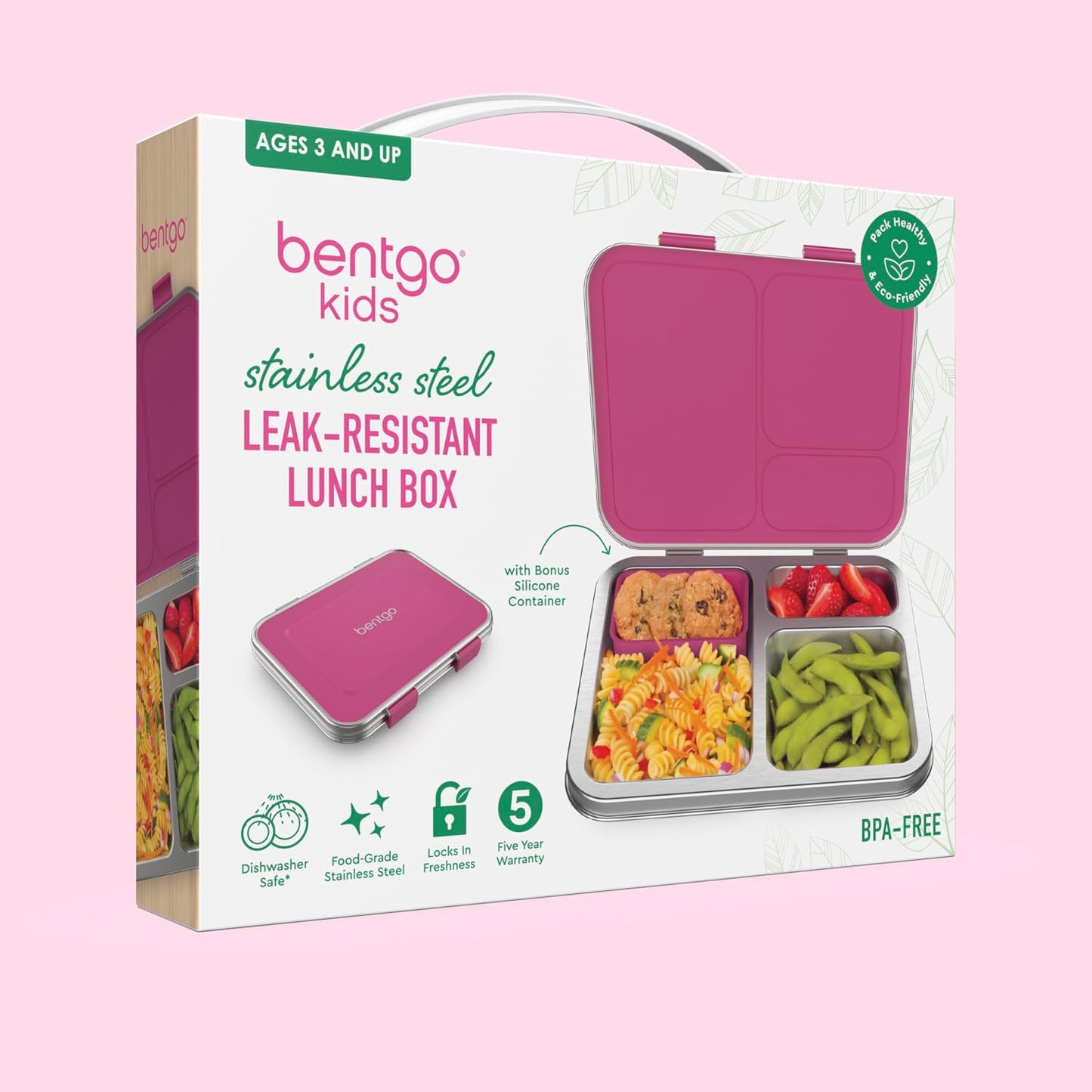 Bentgo Kids Stainless Steel Leak-Resistant Lunch Box - 3-Compartments with Bonus Silicone Container, Durable, Eco-Friendly, Dishwasher Safe, BPA-Free, Ideal for School, Ages 3+ (Silver)