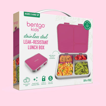 Bentgo Kids Stainless Steel Leak-Resistant Lunch Box - 3-Compartments with Bonus Silicone Container, Durable, Eco-Friendly, Dishwasher Safe, BPA-Free, Ideal for School, Ages 3+ (Silver)