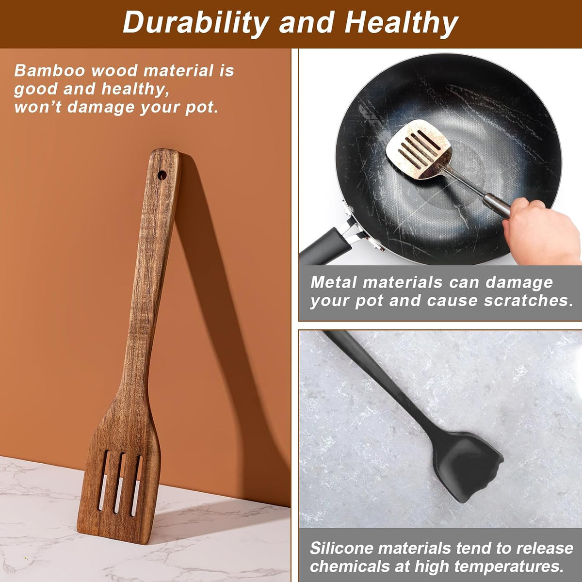 Eisinly 7-Piece Wooden Cooking Spoons, Natural Bamboo Utensil Set