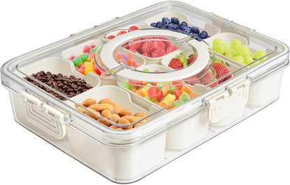 2Pack Divided Veggie Tray with Lid and Handle 8 Compartment Serving Tray with Dividers Portable Travel Snack Containers Stackable Snackle Box Charcuterie Container for Fruit,Vegetable,Salad