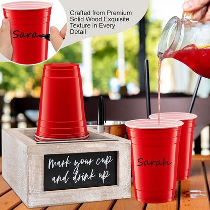 Wooden Cup Holder with Marker Slot, Mark Your Cup and Drink Up with Interchangeable Signs, Party Cup Holder, Wood Cup Dispenser - Rustic Farmhouse Modern Decor | Hostess Gift (Wooden)