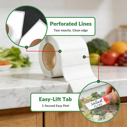 NATURALABEL 700 PCS Blank Removable Freezer Labels - Food Labels with Perforated Lines, for Meal Prep Containers (4/5" x 2", 2 Rolls, 350 Count/Roll)
