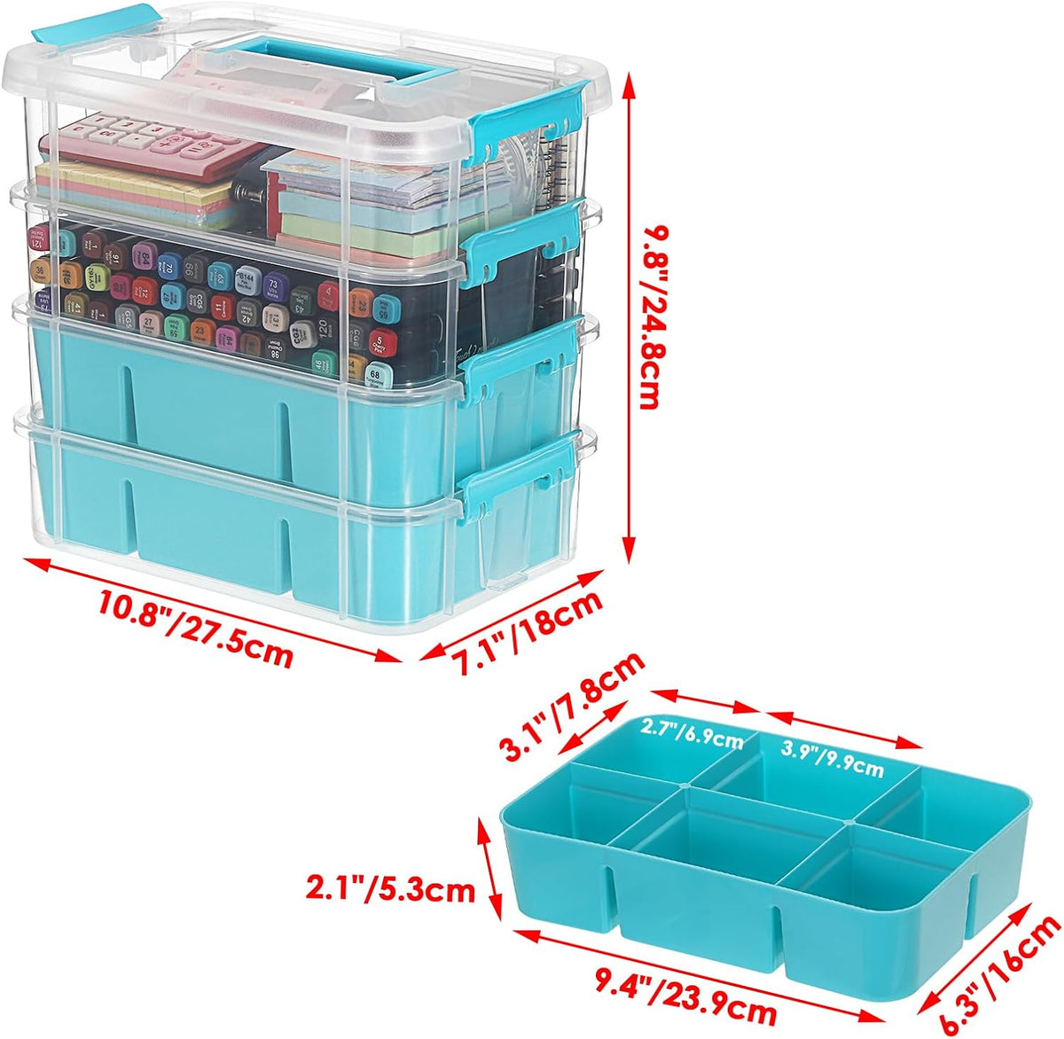 JUXYES 4-Tiers Plastic Stack Carry Storage Containers Box wih Handle Lids | Clear Stackable Latching Storage Bin With 2 Tray for School Office, Organizing Sewing, Art Craft, DIY Supplies, Blue