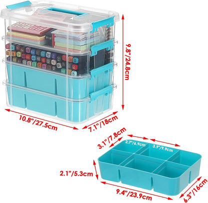 JUXYES 4-Tiers Plastic Stack Carry Storage Containers Box wih Handle Lids | Clear Stackable Latching Storage Bin With 2 Tray for School Office, Organizing Sewing, Art Craft, DIY Supplies, Blue
