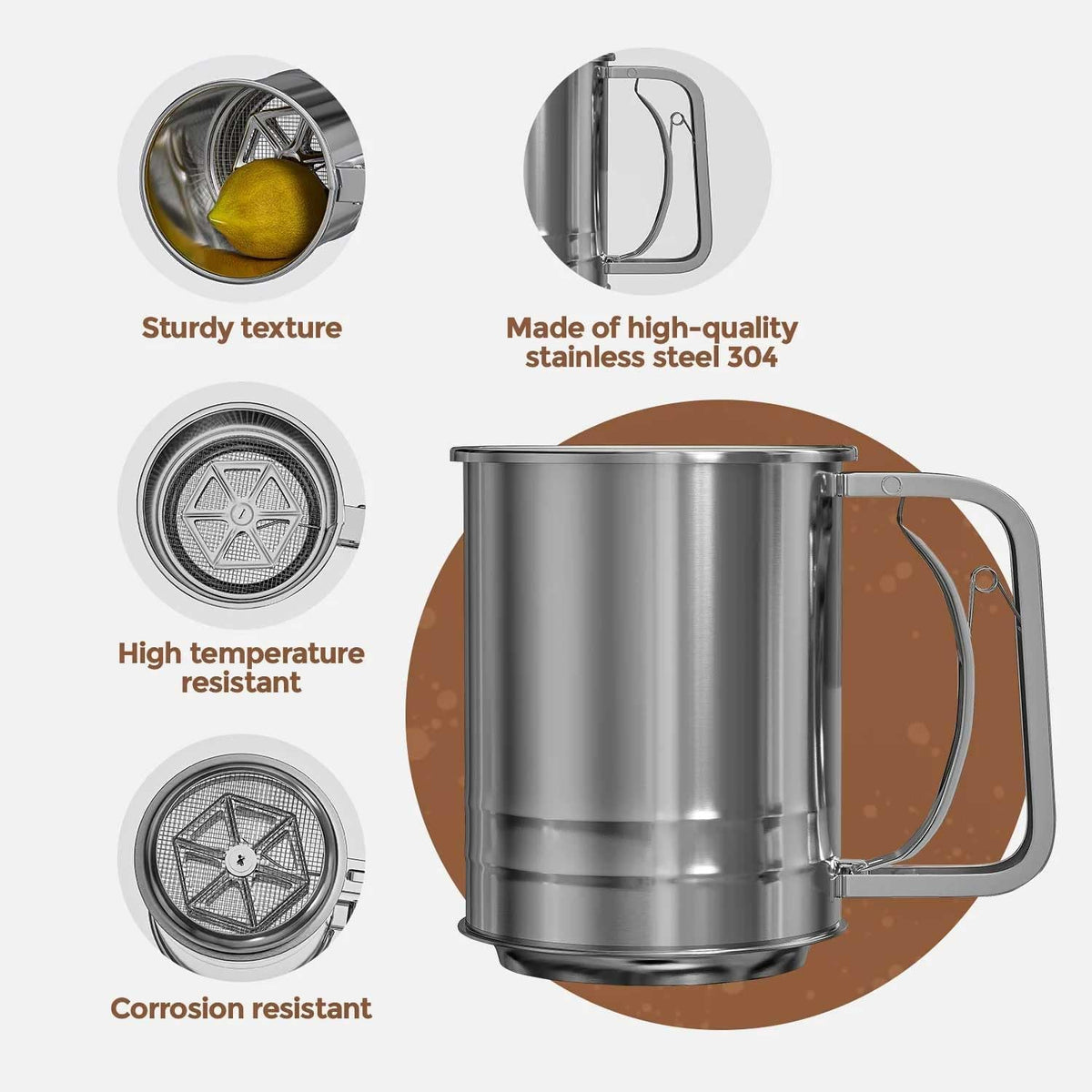 Stainless Steel 3 Cups Hand Press Flour Sifter for Baking