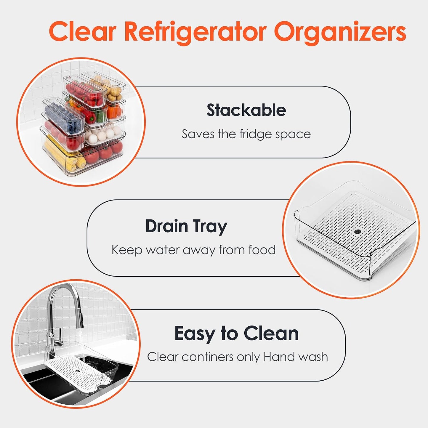 SMRCAD Fridge Organizers and Storage, 6 Pack Clear Freezer Organizer Bins with Lids for Kitchen, Pantry, Refrigerator, Food, Fruit, Vegetable Storage