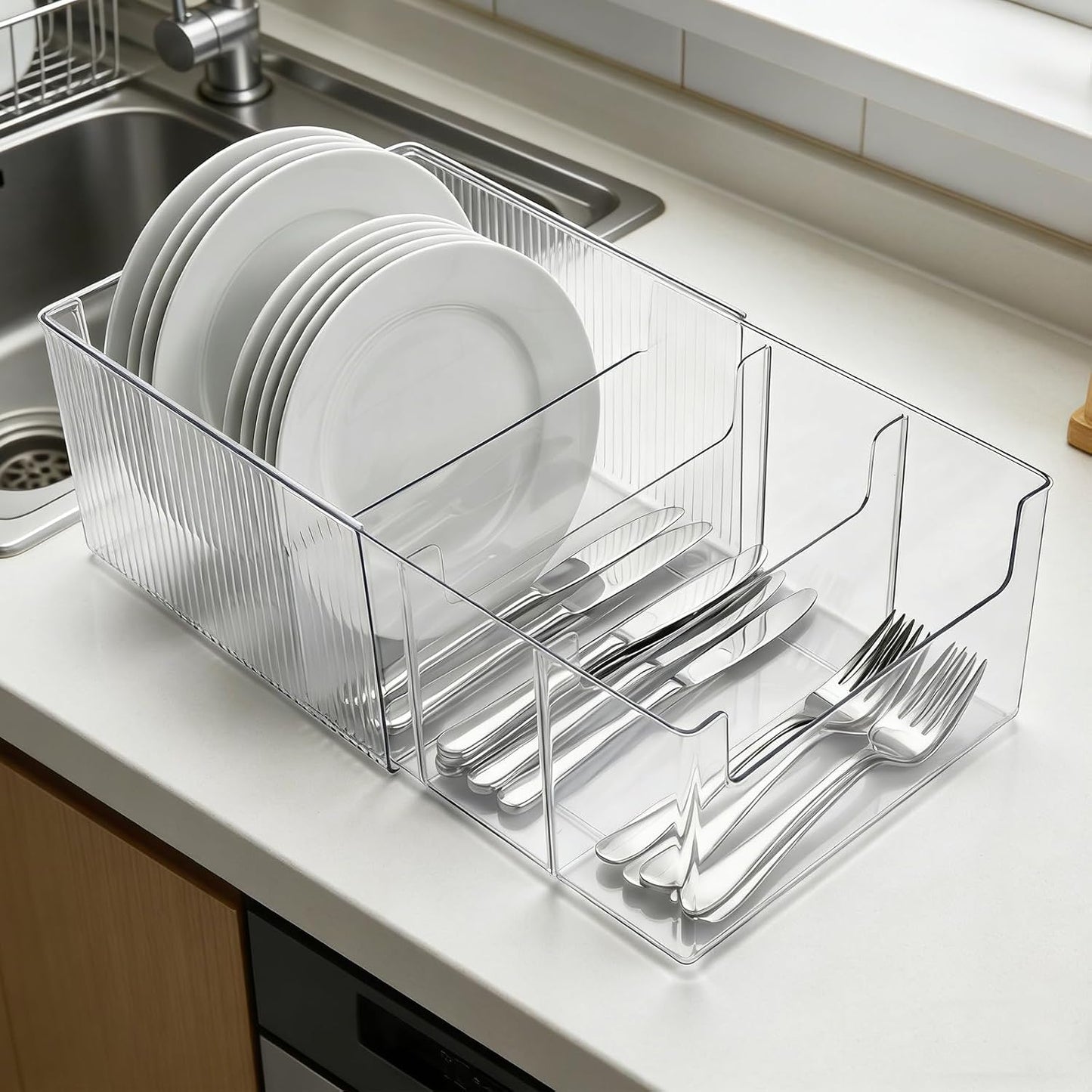 Expandable Dish and Flatware Organizer for Kitchen Countertop, Clear Plate Holder with Removable Divider, Plastic Cutlery Storage Bin for Cabinet Pantry Shelf, Adjustable Dinnerware Caddy