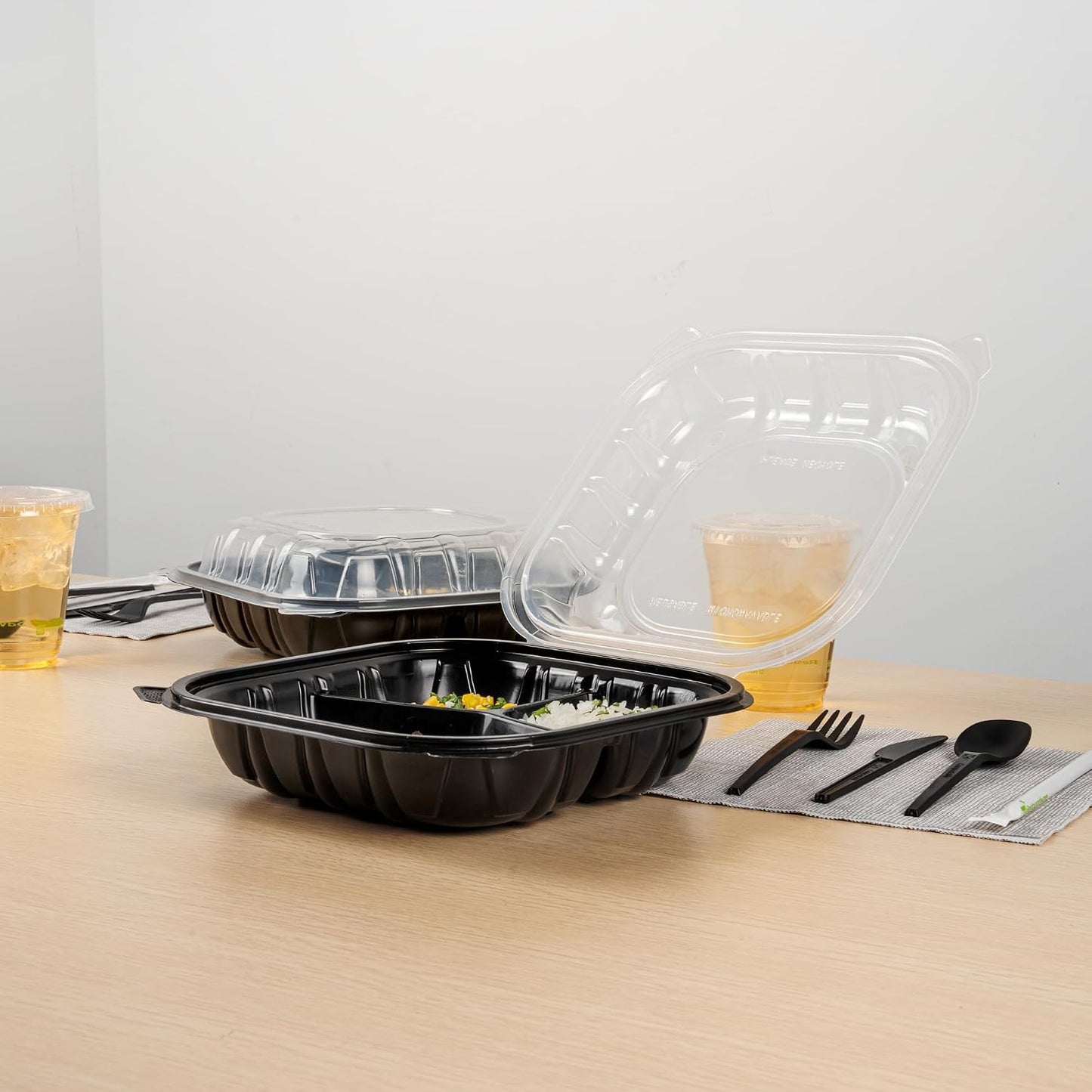 Thermo Tek 40 Ounce Clamshell Containers, 50 Disposable Take Out Boxes - 3 Compartments, Ventilated Lids, Black Plastic Meal Prep Containers, Microwavable, For Pasta Or Salads - Restaurantware